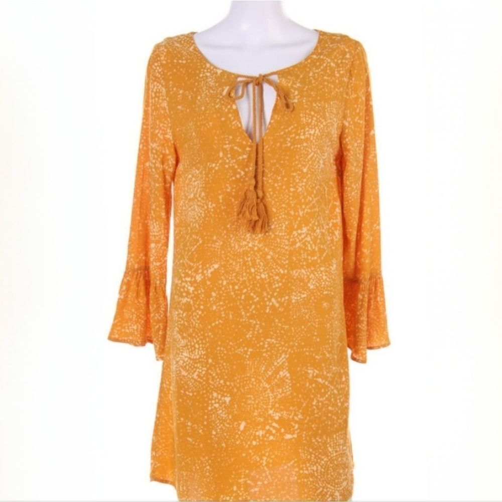 H&M Mustard Yellow Viscose V-neck Bell Sleeve Mini Dress
